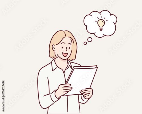Businesswoman Getting Idea While Reading Paper Documents at Office. Hand drawn style vector design illustrations.