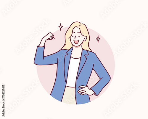 Strong Businesswoman Showing Arm Power and Confidence. Hand drawn style vector design illustrations.