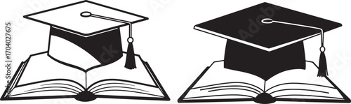 Graduation caps and open books silhouette