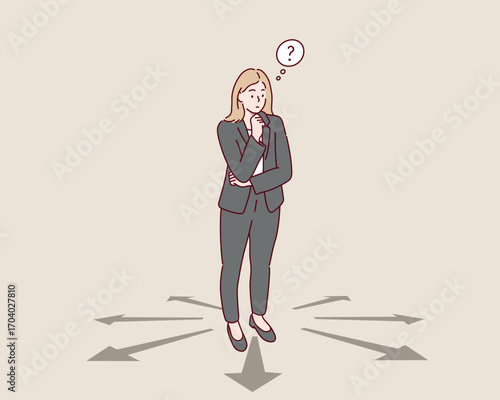 Businesswoman Thinking About Future Direction and Career Decisions. Hand drawn style vector design illustrations.