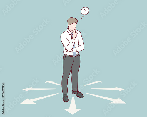 Businessman Thinking About Future Direction and Career Decisions. Hand drawn style vector design illustrations.