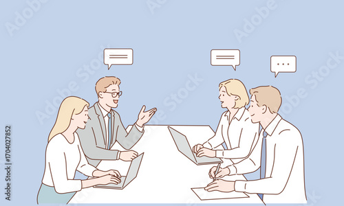 Business Team Discussion at Office Desk, Corporate Communication Concept, Hand drawn style vector design illustrations.