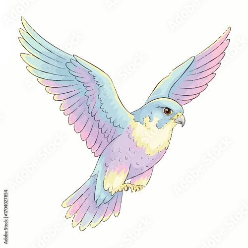 Dreamy watercolor illustration of a flying falcon with iridescent pastel plumage.