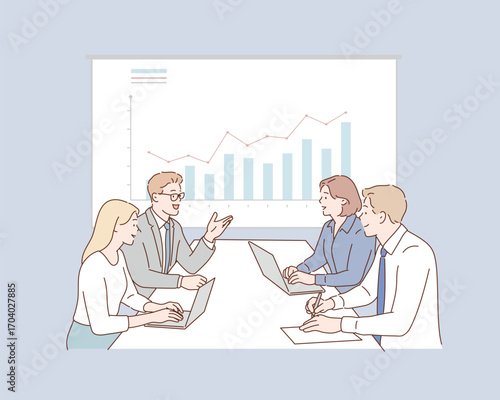 Business Team Meeting with Presentation Chart, Corporate Collaboration Concept, Hand drawn style vector design illustrations.