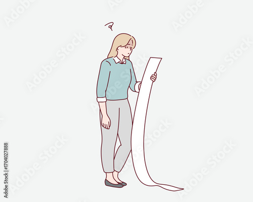Confused Woman Looking at Long Receipt, Shopping Expense Concept, Hand drawn style vector design illustrations.
