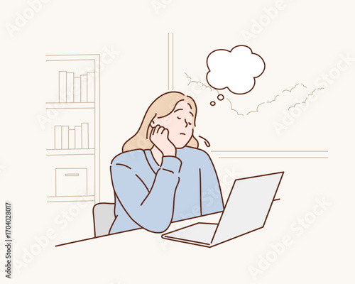 Business Woman Daydreaming at Laptop, Creative Idea Thinking Concept, Hand drawn style vector design illustrations.