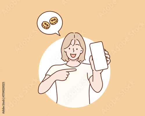 Young Woman Showing Smartphone with Money Icon, Mobile Payment Concept, Hand drawn style vector design illustrations.
