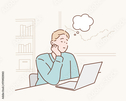 Business Man Daydreaming at Laptop, Creative Idea Thinking Concept, Hand drawn style vector design illustrations.