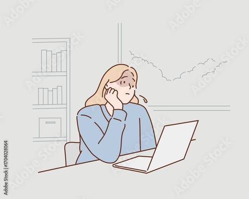 Tired Woman Using Laptop at Office Desk, Business Stress Concept, Hand drawn style vector design illustrations.