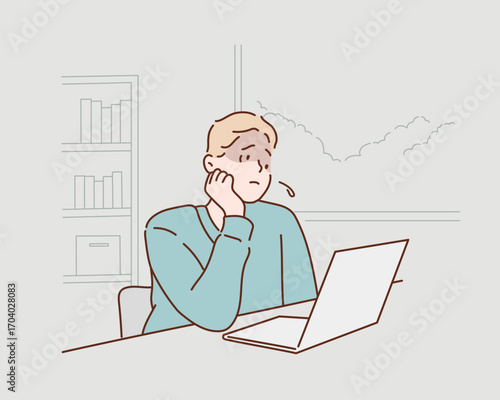 Tired Man Using Laptop at Office Desk, Business Stress Concept, Hand drawn style vector design illustrations.