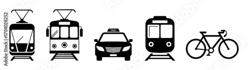 Collection of Transportation Icons: Trams, Taxi, Train, and Bicycle