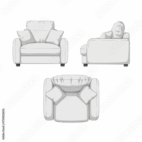 White armchair set illustration, front, side, top view, home furniture design