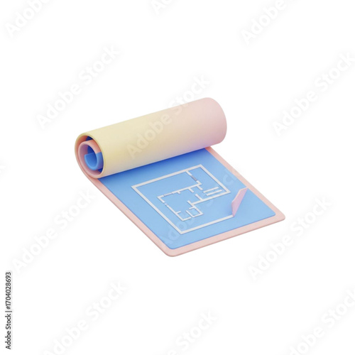 3d architectural blueprint rolled up with floor plan isolated on transparent background