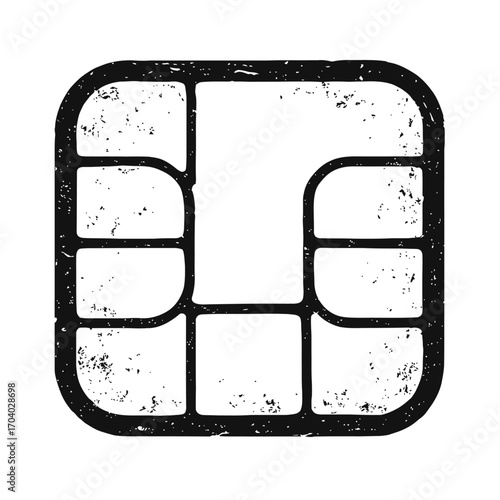 Distressed grunge style EMV chip icon, a high-quality black and white vector graphic representing secure smart card payment technology with a weathered, textured effect for financial transaction secur