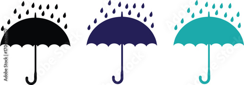 Three colorful umbrella icons with raindrops in different styles, perfect for weather symbols, rain protection, and seasonal vector graphics.
