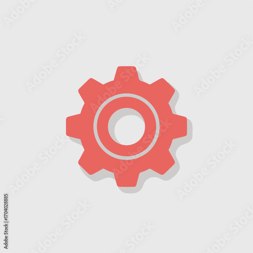 A red gear icon with a transparent background, symbolizing settings, configuration, or mechanical processes, isolated on transparent background