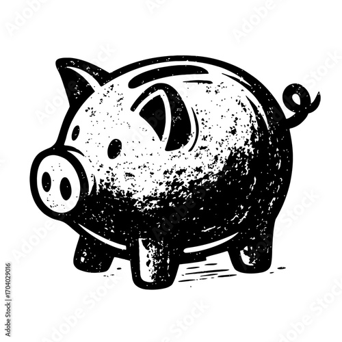 Classic Distressed Piggy Bank Illustration: A Hand-Drawn Grunge Black and White Icon for Saving Money, Financial Planning, Wealth Management, and Economic Growth Concepts in Vintage Style Art Design