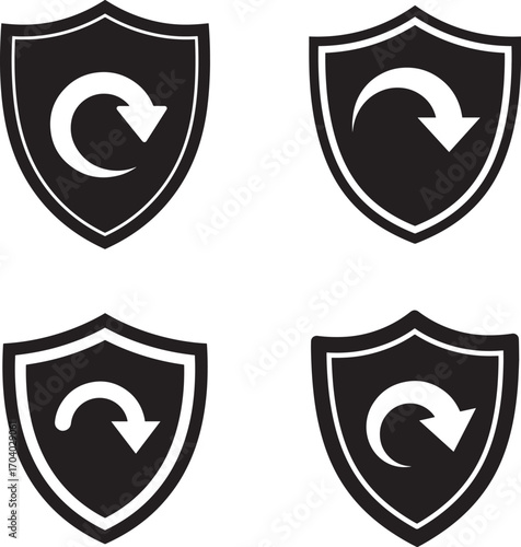 Four black shield icons with circular arrow silhouette