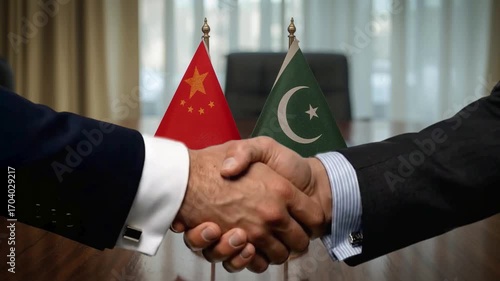 Close-up of a diplomatic handshake between China and Pakistan, desk flags on table symbolizing strong international alliance and partnership
