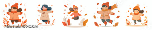 vector of little girl jumping happily in autumn