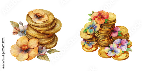 gold coins with flowers watercolor vector illustration