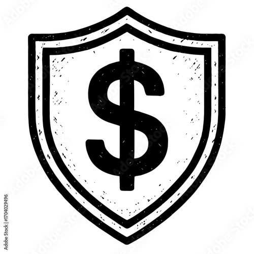 Financial Security Shield Icon: Robust Grungy Black & White Dollar Symbol. Money Protection, Investment Safeguard, Asset Defense. Essential for Banking, Insurance, Wealth Management & Secure Economic