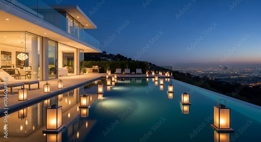 Fototapeta premium Tranquil infinity pool reflecting a city skyline under twilight glow