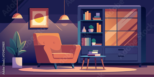 Cozy living room with armchair bookshelf and artwork