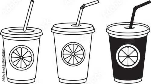 Three citrus drink cups with straws silhouette