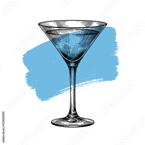 Black and white etching sketch of martini glass on light blue brush stroke, isolated on white background, vintage engraving vector illustration