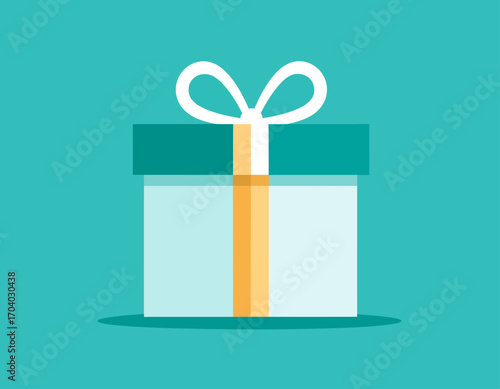 Minimalist flat 2D vector icon of a gift box with a yellow ribbon. Simple and clean design for a celebration, holiday, or birthday surprise against a teal background