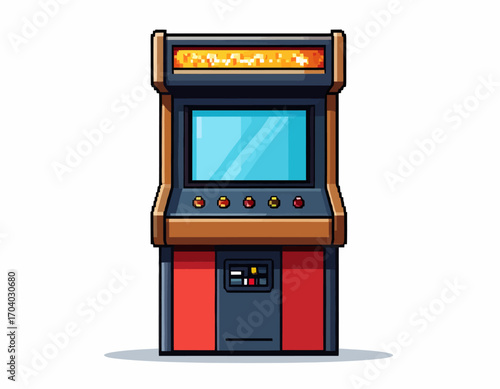 A detailed vector icon of a vintage arcade gaming machine in a retro pixel-art style, evoking nostalgia for 8-bit classics