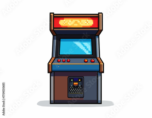 Retro pixel art vector icon of a classic arcade machine. Vintage 8-bit video game cabinet illustration for nostalgia and gaming concepts