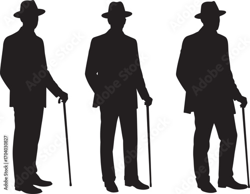 Three gentlemen in suits and hats with canes silhouette