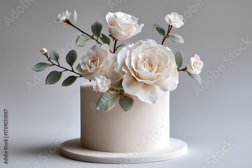 A minimalist wedding cake adorned with a single tier of smooth fondant, topped with delicate sugar roses and a soft ivory hue
