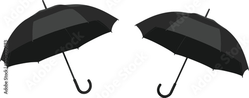 Two black umbrellas vector illustration showing different angles, perfect for rain protection, weather icons, outdoor gear, travel accessories design.