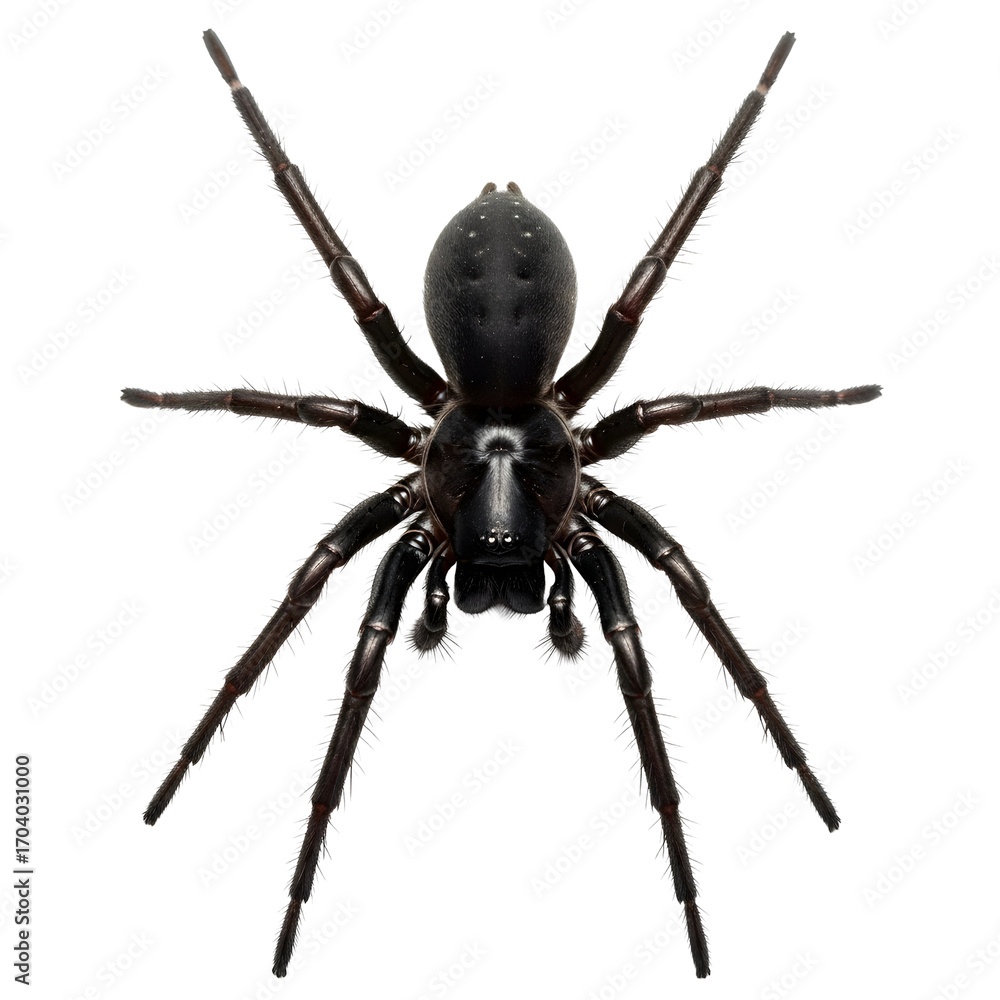 Obraz premium Top-down close-up of a large, black spider with long, thin legs against a white background