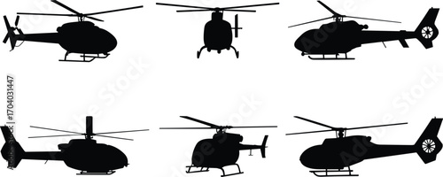 Black silhouette vector illustration of helicopters in multiple flying positions, aviation aircraft design set for military, transport, rescue, emergency, travel, air mobility, technology
