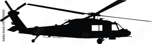 Black hawk helicopter silhouette vector illustration, military aircraft graphic design, army aviation transport icon, war helicopter artwork, combat aviation symbol isolated on white background