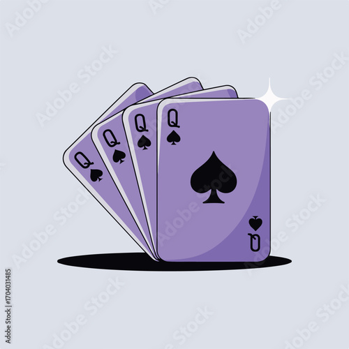 A hand of four queen of spades cards, symbolizing luck, strategy, and a winning hand in a game of chance against a light background in a modern, minimalist style isolated on transparent background