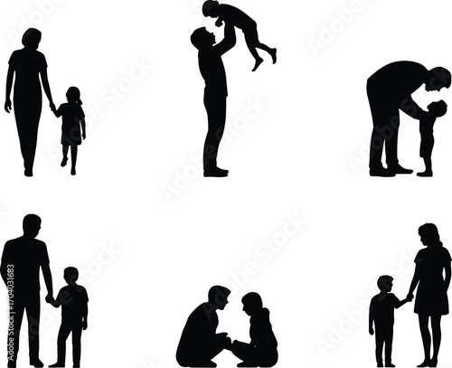 Black silhouette vector illustration of parents with children, family bonding, caring mother father and kids, parenthood relationship design for love, support, togetherness themes