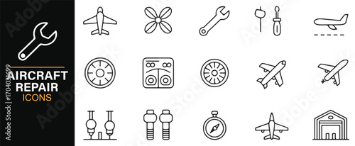 Editable aircraft repair symbol icons – airplane, landing gear, cockpit instruments, and propeller pack