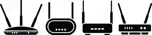 Black silhouette vector illustration of wireless WiFi router with antennas, internet modem device, technology network equipment, connectivity symbol design for communication and networking themes