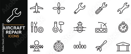 Aircraft engineering icons – editable vector pack of cockpit, wrench, compass, propeller, and airplane symbols