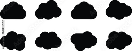 Cloud silhouette collection, black vector illustration, simple sky shapes, weather design elements, cartoon style clouds, minimal decorative icons, abstract sky graphic art