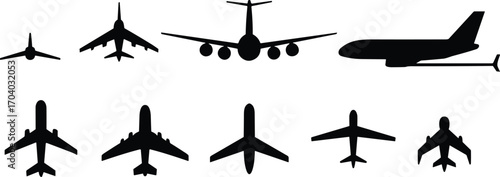 Collection of airplane silhouette vector icons, commercial jet aircraft shapes, aviation design elements, flight travel symbols, transportation illustration set for modern graphic design