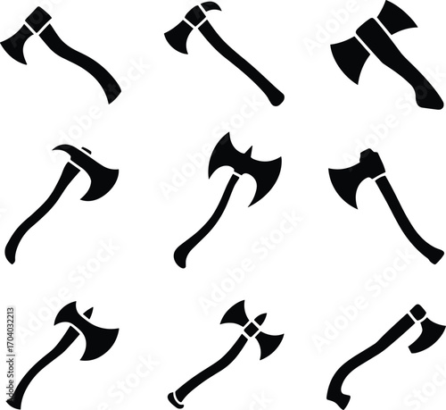 Collection of axe silhouette vector icons set, battle axe, lumberjack tool, medieval weapon, black illustration for hunting, camping, survival, combat, and woodcutting themes