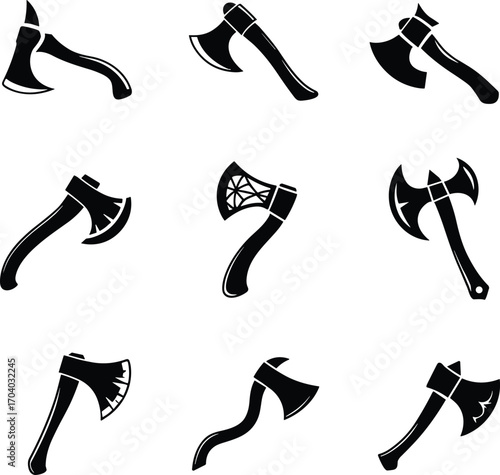 Collection of axe silhouette vector illustrations, different weapon designs with sharp blades, medieval battle tool artwork, woodcutting equipment decoration, blacksmith forged hatchet set