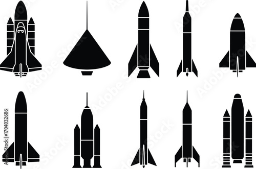 Collection of black silhouette rocket icons, space shuttle vector set, spacecraft launch design elements, futuristic spaceship illustration pack, aerospace technology symbols, exploration