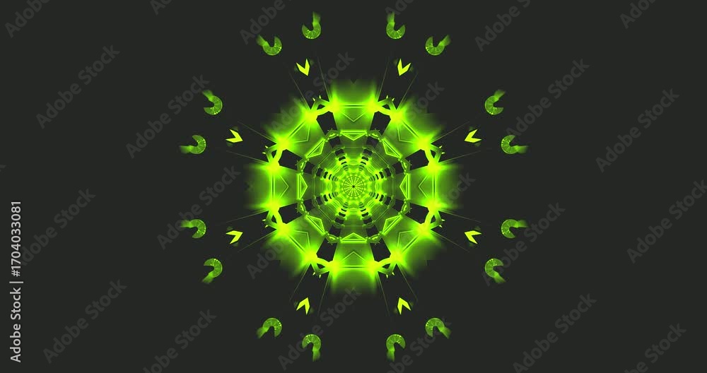 3d loop of kaleidoscopic symmetrical tunnel with green pattern on a black background.